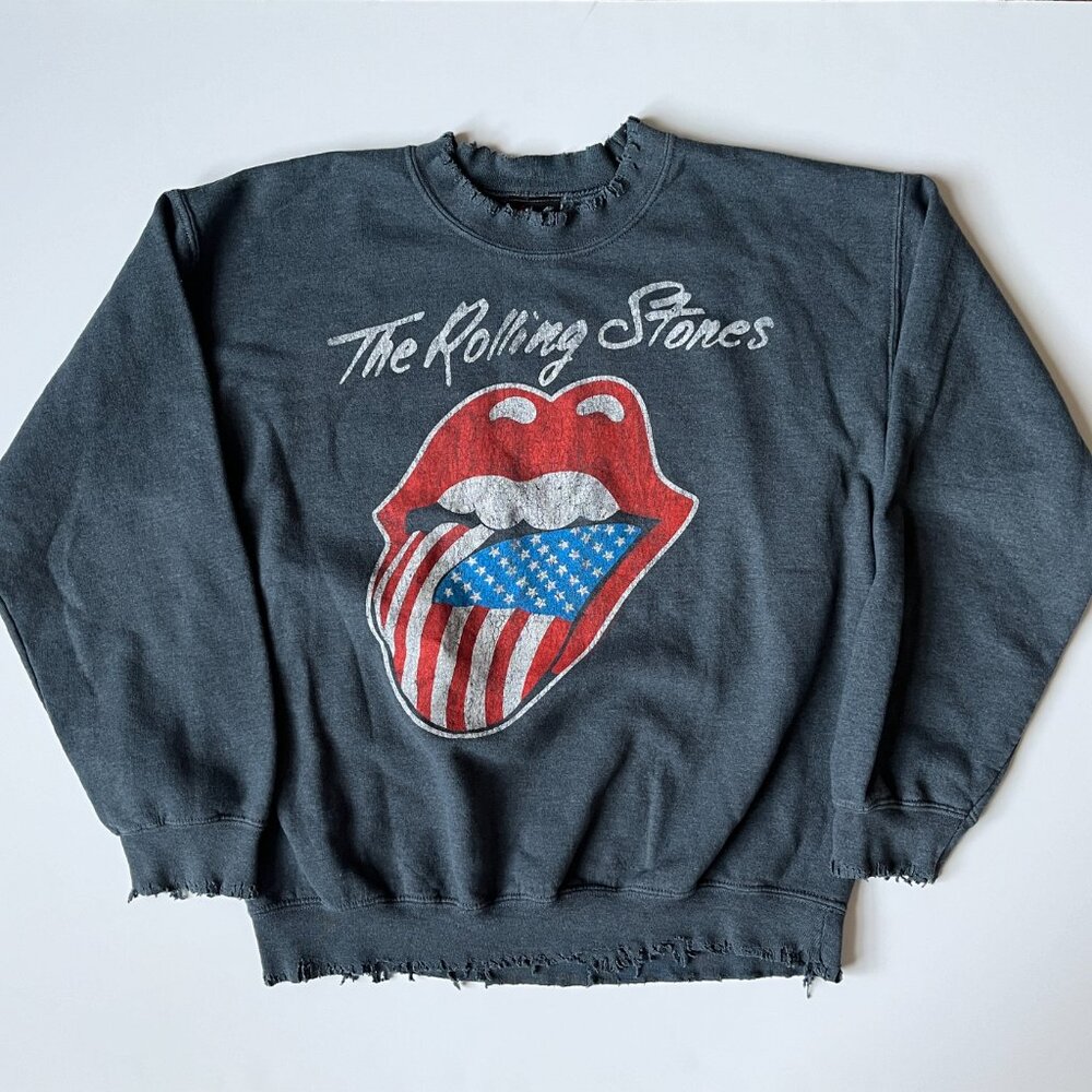 Rolling Stones Tongue Logo Distressed Collar Sleeve Bottom Grey Sweatshirt M - Picture 2 of 9
